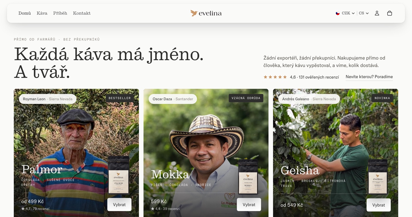 kavaevelina.cz home page: every coffee has a name and a face, with portraits of Royman Leon, Oscar Daza and Andrés Galeano